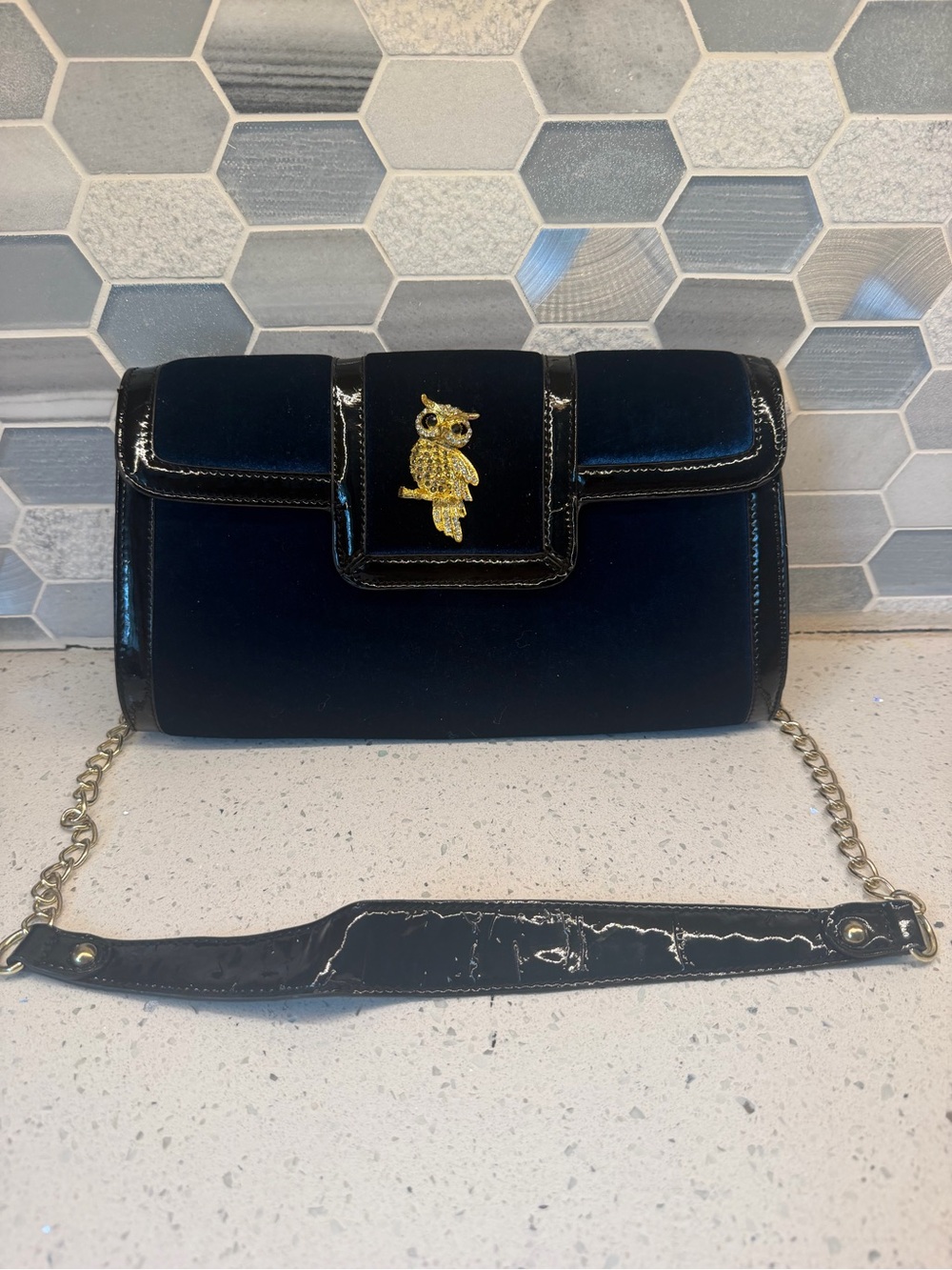 Rare Melie Biiano Navy Velvet Shoulder Bag with Gold Owl Accent